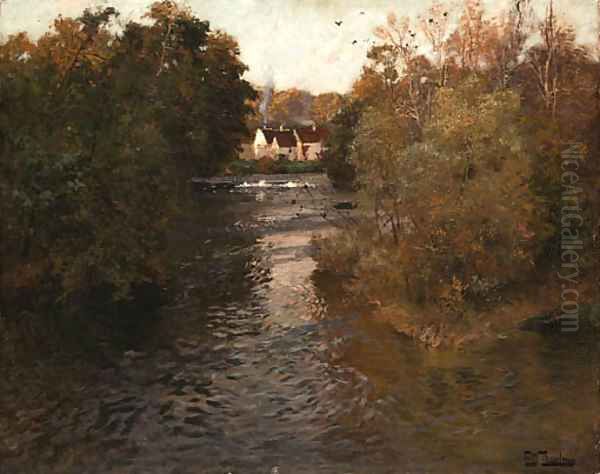 A river landscape with cottages Oil Painting by Fritz Thaulow