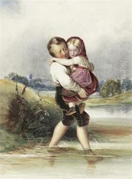 Boy Carrying His Sister Over A Stretch Ofwater. Oil Painting by Friedrich Ritter von Amerling