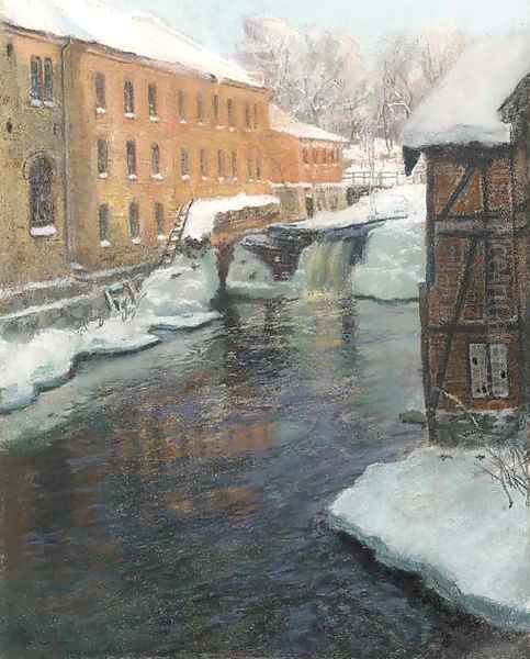 A River Cascade among Factory Buildings on a Winter's Day Oil Painting by Fritz Thaulow