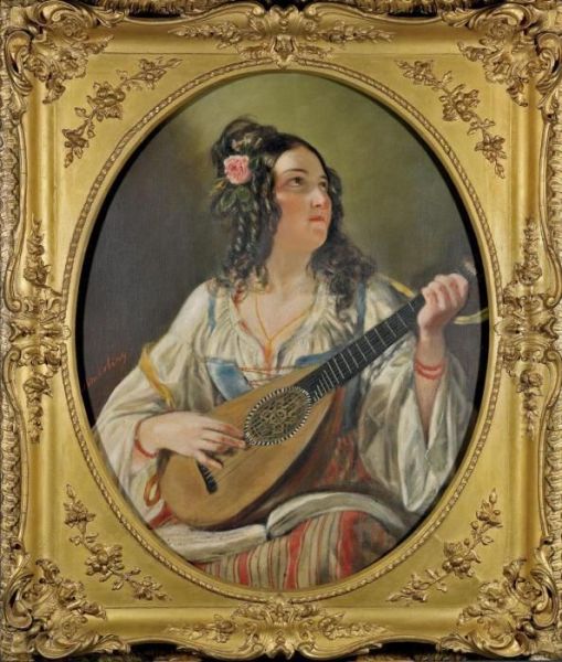 Beauty Playing A Lute Oil Painting by Friedrich Ritter von Amerling