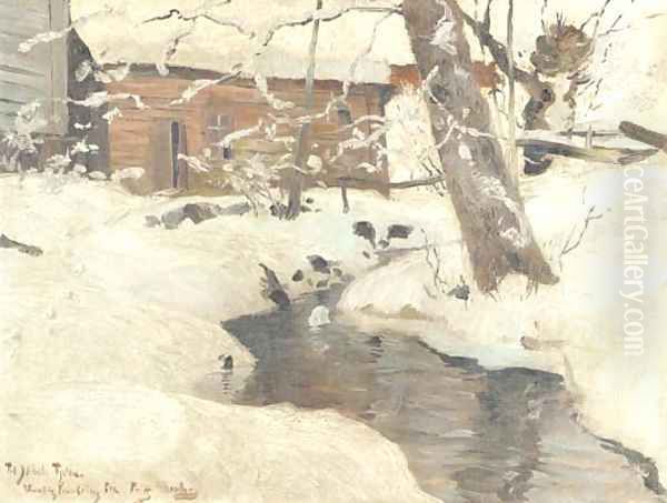 A snow-covered cottage by a stream Oil Painting by Fritz Thaulow