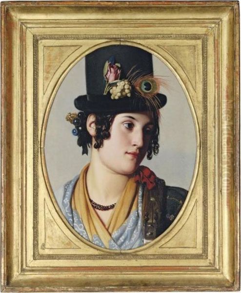 Lady In Top Hat Oil Painting by Friedrich Ritter von Amerling