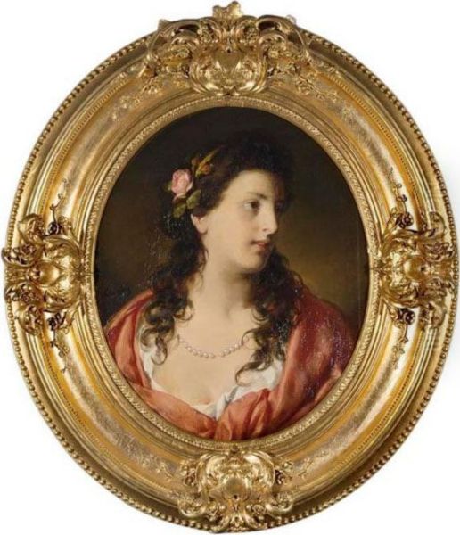 Portrait Of An Elegant Young 
Lady; Depicted Half-length Wearing A Red And White Dress, A Pearl 
Necklace And Roses In Her Hair Oil Painting by Friedrich Ritter von Amerling