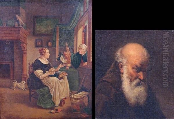 A Portrait Of A Bearded Monk; An Interior Scene With Figures Oil Painting by Friedrich Ritter von Amerling