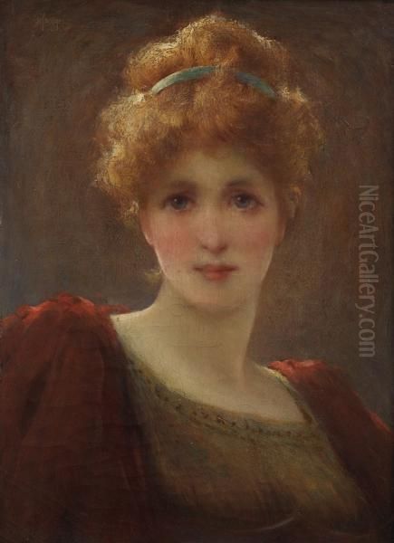 Portrait De Jeune Femme Au Ruban Bleu Oil Painting by Franz Von Defregger