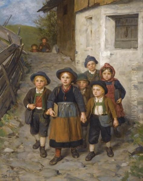 Auf Dem Schulweg (going To School) Oil Painting by Franz Von Defregger