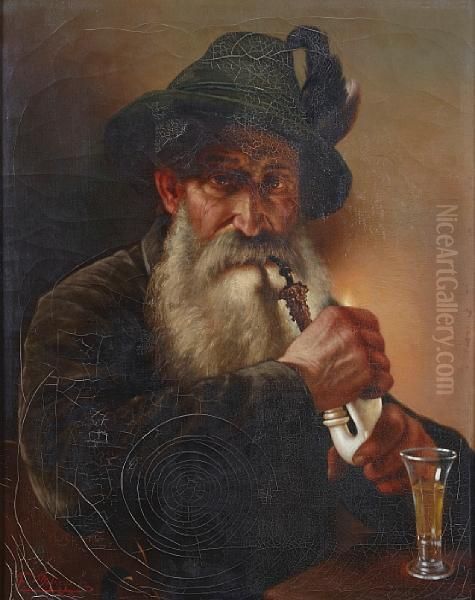 A Portrait Of A Bearded Man Smoking A Pipe Oil Painting by Franz Von Defregger