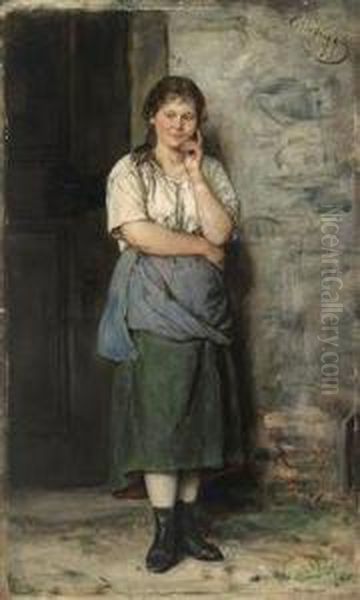 Girl Leaning Against The Wall Of A House Oil Painting by Franz Von Defregger