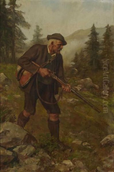 Jager In Gebirgslandschaft Oil Painting by Franz Von Defregger