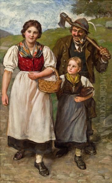 Junge Bauerin Mit Madchen Und Holzknecht Oil Painting by Franz Von Defregger