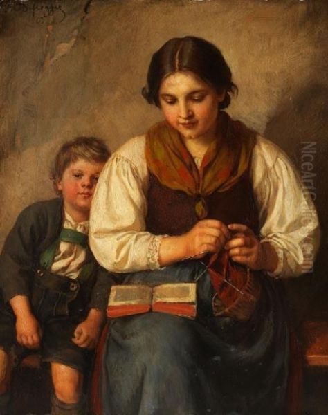 Strickende Bauerin Mit Buben Oil Painting by Franz Von Defregger