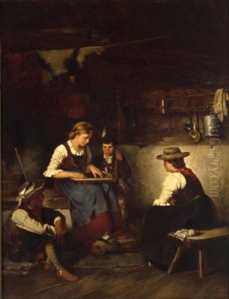 Children Playing Instruments Oil Painting by Franz Von Defregger