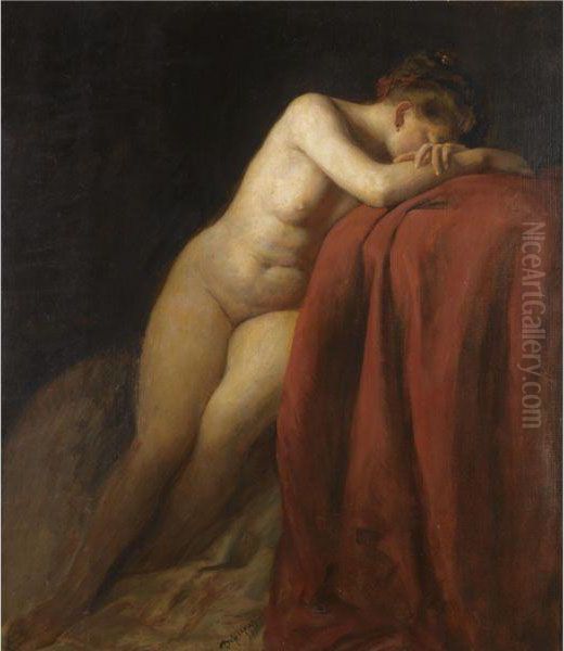 Madchenakt Mit Rotem Tuch (nude With Red Drape) Oil Painting by Franz Von Defregger