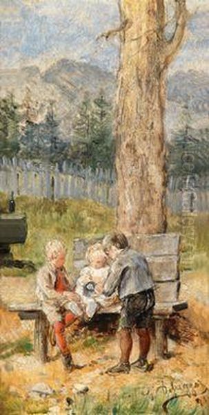 Franzl, Hansl Und Friedl Oil Painting by Franz Von Defregger