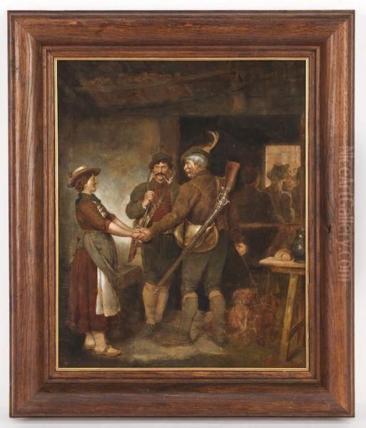 An Interior Scene Showing A Hunter's Farewell Oil Painting by Franz Von Defregger