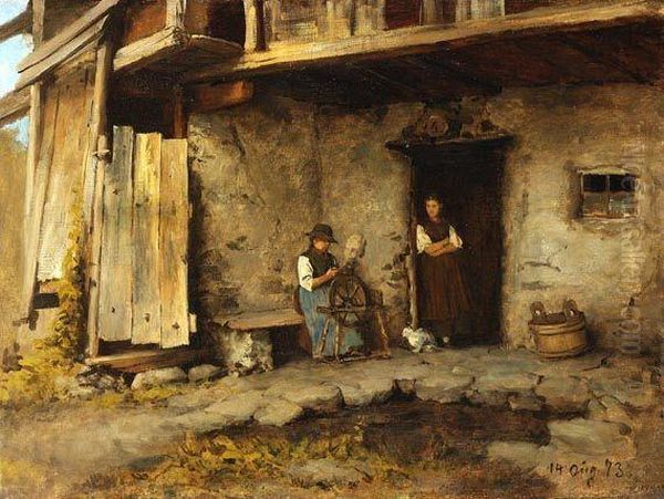 Bauerin Am Spinnrocken Oil Painting by Franz Von Defregger