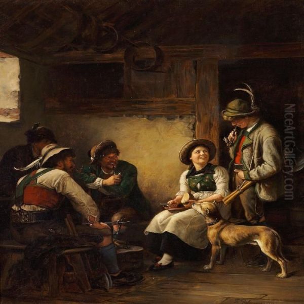 Interior With Four Mountain Hunters And A Young Girl In The Alps Oil Painting by Franz Von Defregger