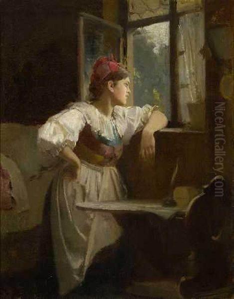 Dirndl Am Fenster Stehend. Oil Painting by Franz Von Defregger