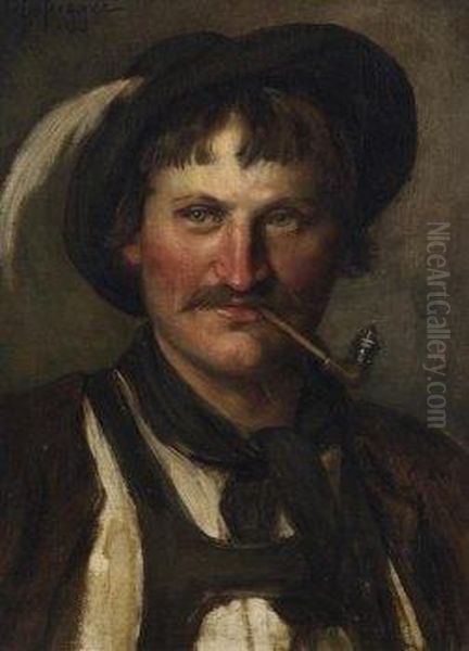 Farmer With Pipe. Signed Above Left: Defregger Oil Painting by Franz Von Defregger