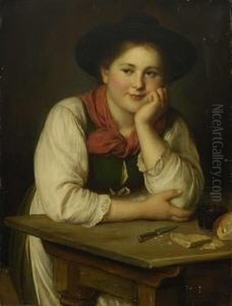 Dirndl Am Tisch Sitzend. Oil Painting by Franz Von Defregger