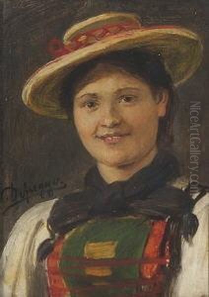 Madchen Mit Hut. Oil Painting by Franz Von Defregger