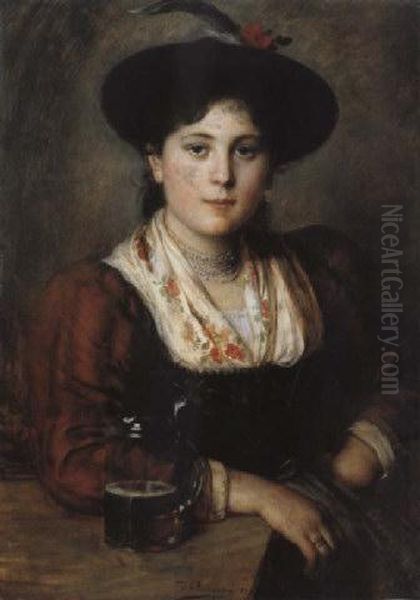 Junge Bauerin Mit Einem Bierkrug Am Wirtshaustisch Oil Painting by Franz Von Defregger