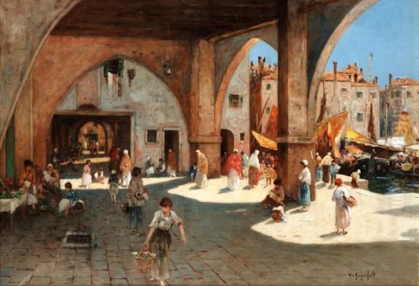 Venetian Quayside Oil Painting by Wilhelm von Gegerfelt