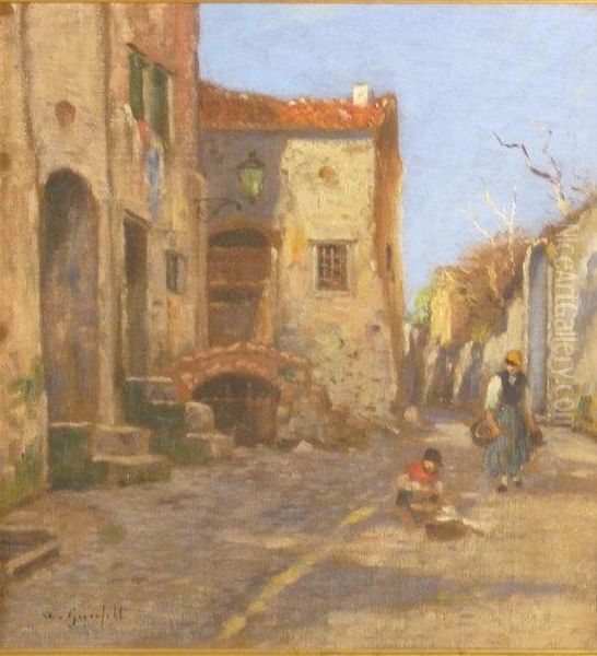 Figures In A Village Street Oil Painting by Wilhelm von Gegerfelt