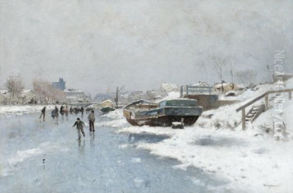 Canal Scene With Ice Skaters Oil Painting by Wilhelm von Gegerfelt