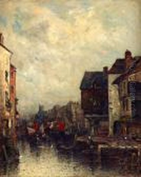 Dutch Canal Scene Oil Painting by Wilhelm von Gegerfelt