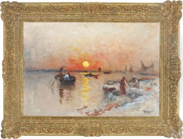 Fishing At Sunset Oil Painting by Wilhelm von Gegerfelt