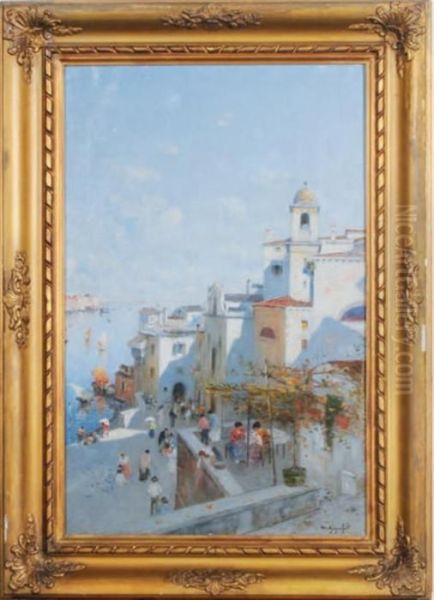 A Mediterranean Coastal Village Oil Painting by Wilhelm von Gegerfelt