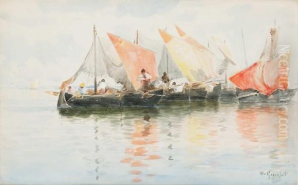 Sydlandska Fiskebatar Med Roda Segel Oil Painting by Wilhelm von Gegerfelt