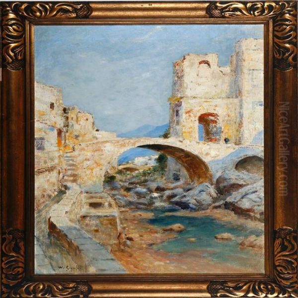 An Italian Villagescenery With A River, Bridge And Houses Oil Painting by Wilhelm von Gegerfelt