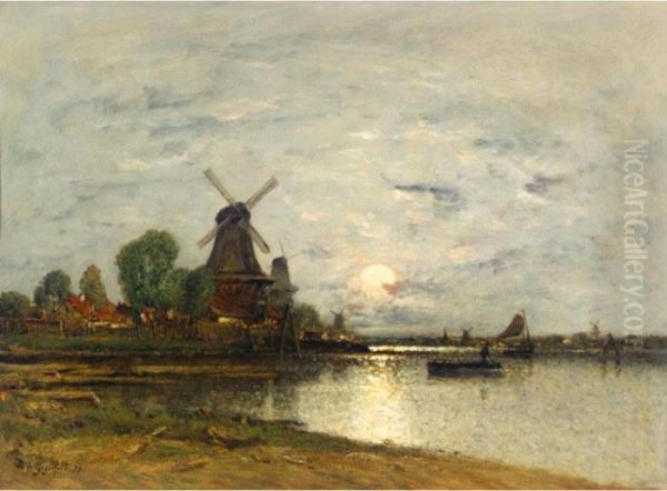 Dutch Landscape With Windmills Oil Painting by Wilhelm von Gegerfelt