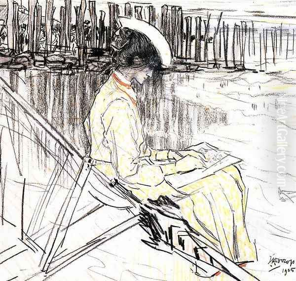 Portrait of Emma Bellwidt on the Beach at Domburg Oil Painting by Jan Toorop