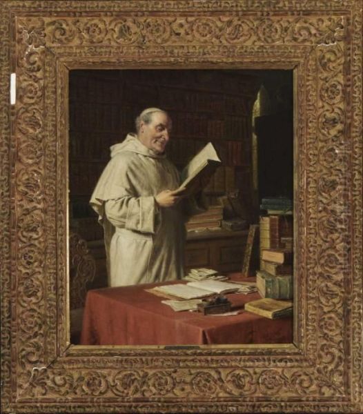 Lesender Pramonstratensermonch In Der Klosterbibliothek. Oil Painting by Eduard Von Grutzner