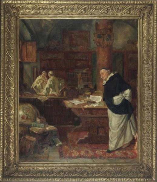 Smiling Friar In A Library Interior Oil Painting by Eduard Von Grutzner