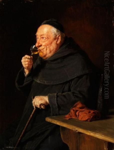 Benediktiner-monch Mit Wein Beimfruhschoppen Oil Painting by Eduard Von Grutzner