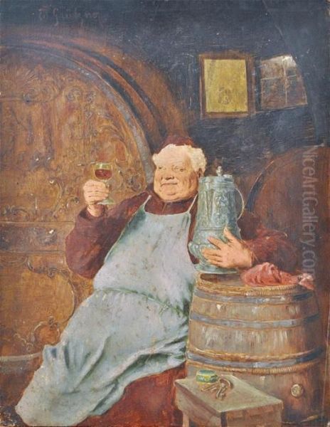 Monk Holding A Wine Glass Among Barrels Oil Painting by Eduard Von Grutzner