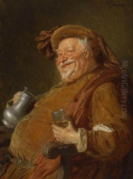 Falstaff Mit Groser Weinkanne Und Becher. Oil Painting by Eduard Von Grutzner