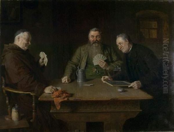 Monch, Jager Und Pfarrer Beim Kartenspiel. Oil Painting by Eduard Von Grutzner