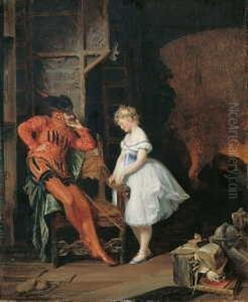 Mephisto Hinter Den Kulissen Im Gesprach Mit Einer Ballettratte. Oil Painting by Eduard Von Grutzner