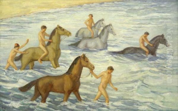 Reitende Knaben Am Strand Oil Painting by Ludwig Von Hofmann