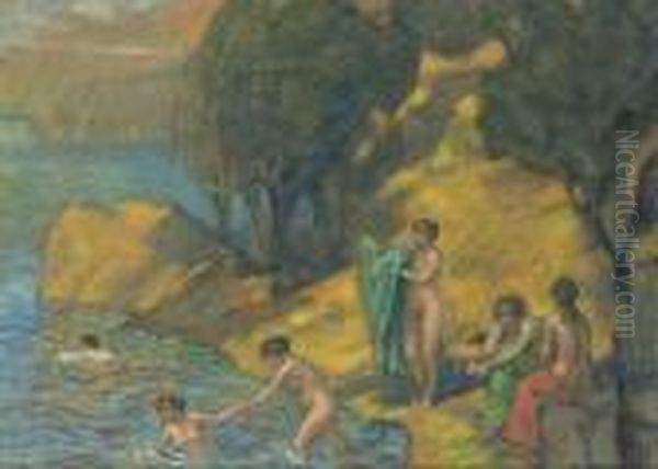 Bathers At The Lake Oil Painting by Ludwig Von Hofmann