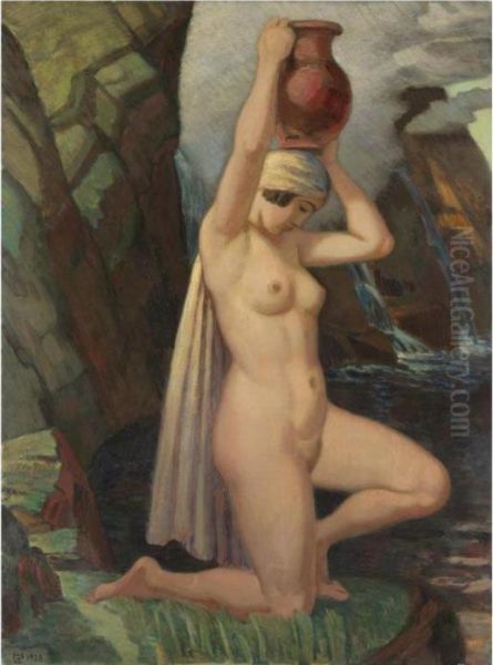 Kniende Mit Krug (kneeling Nude With Urn) Oil Painting by Ludwig Von Hofmann