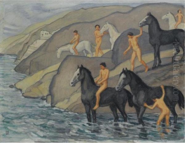 Sold For The Preservation Of The Ludwig Von Hofmann Research Archive And Collection
 

 
 
 

 
 Zug Zur Schwemme (leading Their Horses To Water) Oil Painting by Ludwig Von Hofmann