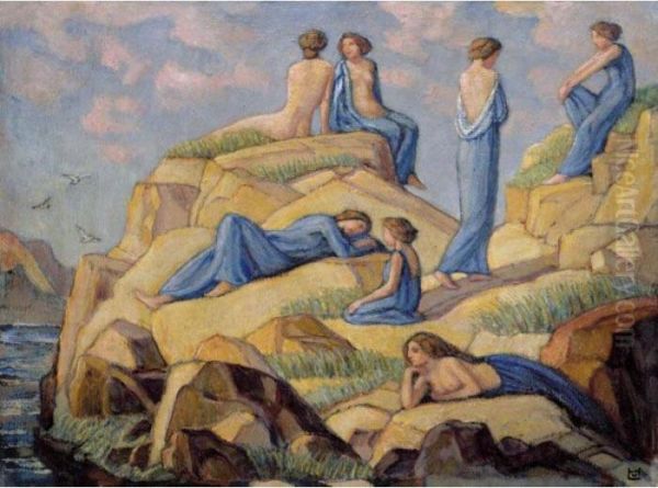 Die Blauen Gewander (the Blue Robes) Oil Painting by Ludwig Von Hofmann