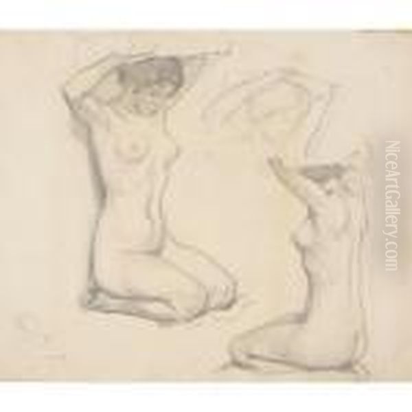 Kneeling Female Nude Oil Painting by Ludwig Von Hofmann