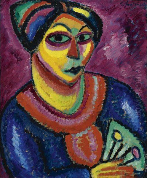 Frau Mit Grunem Facher (woman With A Green Fan) Oil Painting by Alexei Jawlensky